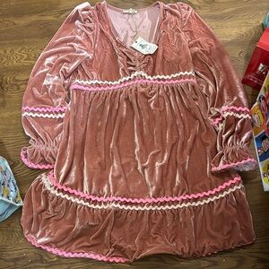 easel Dusty Rose Velvet Long Sleeve Empire Dress with Pink Trim